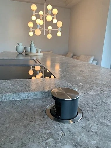Wohnküche DADA HL6 Lack London Sky 3D Beige Massivholz Sunrise Oak Marmor Grau Inklusive E-Geräte