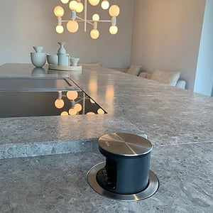 Wohnküche DADA HL6 Lack London Sky 3D Beige Massivholz Sunrise Oak Marmor Grau Inklusive E-Geräte