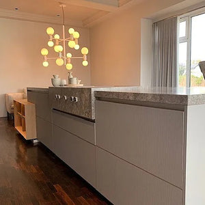 Wohnküche DADA HL6 Lack London Sky 3D Beige Massivholz Sunrise Oak Marmor Grau Inklusive E-Geräte