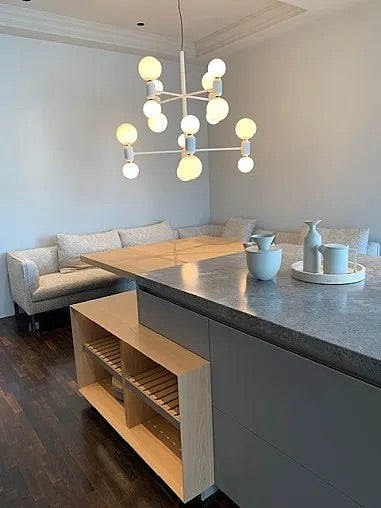 Wohnküche DADA HL6 Lack London Sky 3D Beige Massivholz Sunrise Oak Marmor Grau Inklusive E-Geräte