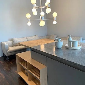 Wohnküche DADA HL6 Lack London Sky 3D Beige Massivholz Sunrise Oak Marmor Grau Inklusive E-Geräte