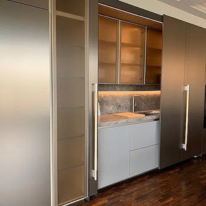 Wohnküche DADA HL6 Lack London Sky 3D Beige Massivholz Sunrise Oak Marmor Grau Inklusive E-Geräte