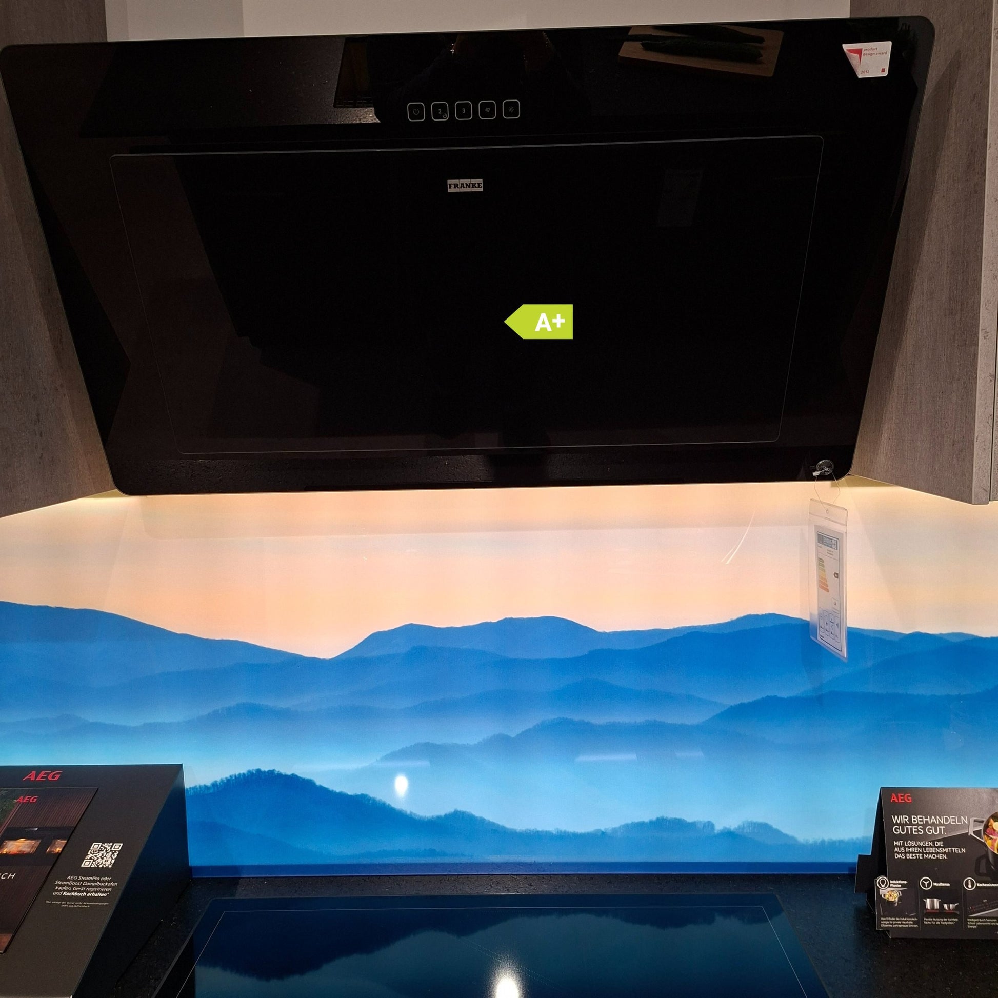 Einbauküche Siena Platte Naturstein Korpus Kunststoff K275 Achatgrau Front Lack L552M Tiefblau Inklusive E-Geräte Und Barhocker